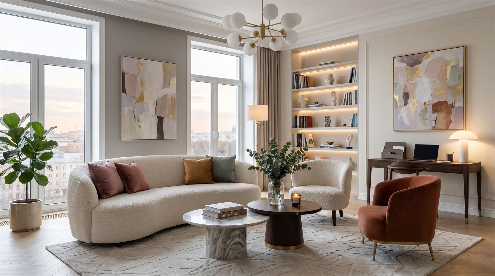 Po: salon po home stagingu — jasna sofa, fotele, stoliki kawowe, rośliny, obrazy i oświetlone półki.